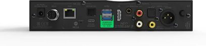 iFi Audio Neo Stream 3 nettverkslydspiller, svart bakpanel med Ethernet-, USB-, optisk, RCA- og XLR-porter