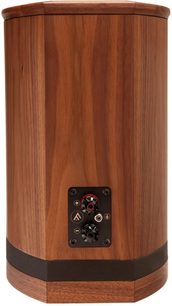 Diffusore da scaffale Fyne Audio Vintage Five, vista posteriore, finitura in legno marrone e terminali neri