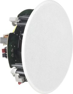 Enceinte encastrable au plafond Cabasse Archipel 17ICPS blanche, vue de profil, grille blanche circulaire, support noir