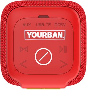 Přenosný reproduktor Yourban Getone 40 červený, pohled zepředu, viditelná ovládací tlačítka, tkaná textura na okrajích