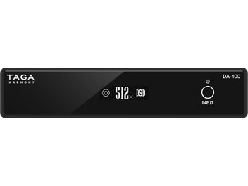 Conversor de áudio DAC Taga Harmony DA-400 preto, painel frontal em alumínio, display azul, botão rotativo, entrada para fone de ouvido