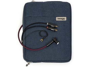 Thorens PhonoConnect PHC 150 phono-kabel DIN-RCA 1,5 m, zwart-paars gevlochten nylon mantel, zwarte haakse DIN-stekker, twee zwarte RCA-connectoren met gekleurde markeringen en vergulde contacten, aparte aardingsdraad, bovenaanzicht