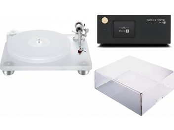 Giradischi bianco traslucido con braccio argentato, preamplificatore Gold Note PH-5 nero e coperchio trasparente