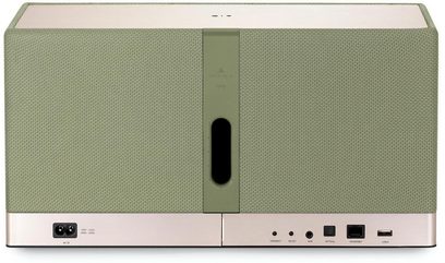 Triangle AIO 3 højttaler i salviegrøn, mesh-stof, bagsidevisning med centralt basrefleksport og AUX-, optisk, Ethernet- og USB-porte