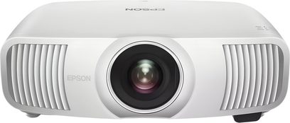 Epson EH-LS9000W white video projector, plastic casing, front view, centered lens, side ventilation grilles