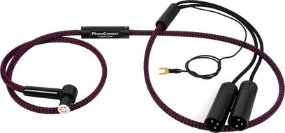 Kabel Thorens PhonoConnect PHC 150 DIN-XLR 1,5 m v černém a fialovém opletení, s 5pinovým DIN konektorem v úhlu 90°, dvěma černými kovovými XLR samečky a pozlacenou zemnící vidlicí, pohled shora