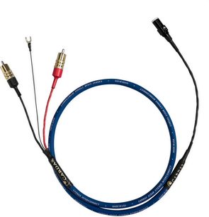 Cardas Clear Cygnus phono-kabel 1m med blå kappe, røde og gyldne RCA-stik, sorte ledninger og hvide inskriptioner