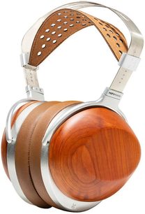Auscultadores hi-fi Hifiman HE-R10P, conchas castanho-alaranjadas com veios, almofadas castanhas e arco prateado com faixa perfurada