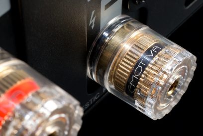 Emotiva XPA-DR2 Differential Reference forstærker i krom, nærbillede af den gennemsigtige jackstik