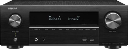 Sort front på en Denon AVR-X1600H hjemmebiografsforstærker, skærm, mange knapper og kontroller, to drejeknapper