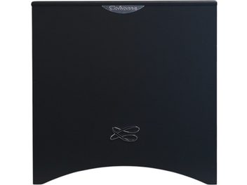 Santorin 17 M2 subwoofer svart, frontvy, slät svart yta, metallisk logotyp upptill och silvermönster nedtill