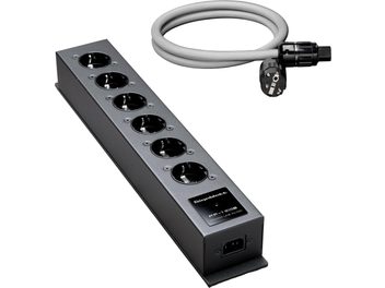 Přepěťová ochranná lišta GigaWatt PF-1 EVO+ šedá, 6 zásuvek Schuko s opleteným napájecím kabelem PowerSync 1,5 m