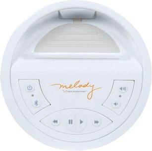 Hvid Soundcast Melody højttaler set forfra med kontrolknapper og orange "melody" skrift øverst