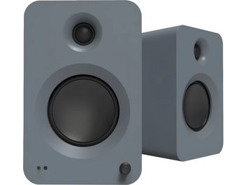 Paar Kanto REN draadloze luidsprekers in matgrijs, behuizing van stevig materiaal met matte afwerking, frontaal licht in perspectief weergegeven, afgeronde hoeken, grote zwarte ronde woofer centraal geplaatst en verzonken tweeter erboven, draaiknop en twee indicatorlampjes onderaan het frontpaneel