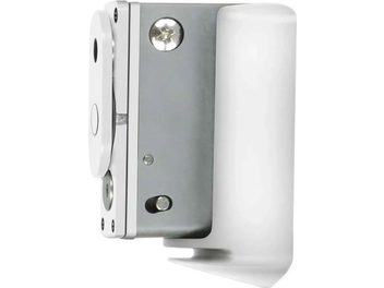 Soporte mural blanco BlueSound WM100-W para altavoz, vista frontal, con fijaciones y conexiones visibles