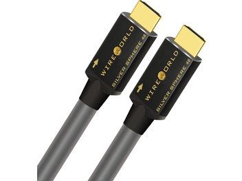 Καλώδιο HDMI Wireworld Silver Sphere 48 0,6m, μαύροι ορθογώνιοι σύνδεσμοι με χρυσές επιγραφές, χρυσές άκρες, κυλινδρικό γκρι καλώδιο