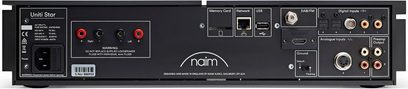Naim Uniti Star svart høyttalersystem, forfra, med CD-spiller, skjerm, knapper, kontakter og tilkoblinger