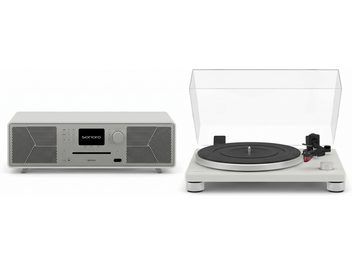 Sistema hi-fi Sonoro bianco con lettore CD e giradischi bianco con coperchio trasparente