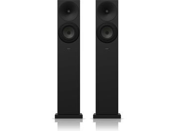 Amphion Argon 3LS sorte søjlehøjttalere i sort, set forfra, to runde sorte højttalere på rektangulært sort kabinet