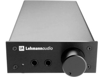 Lehmannaudio Linear black headphone preamp, front view, rectangular dark matte gray enclosure, black front panel with rotary knob and jack input