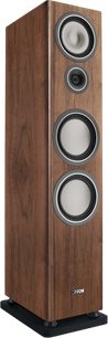 Canton Townus 100 walnut floorstanding speaker, three-quarter view, brown wood cabinet with light-colored drivers on a black plinth