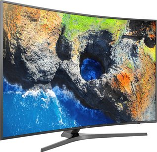 Zakřivený televizor Samsung UE49MU6645 zobrazující barevný obraz skal a modré vody