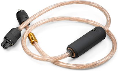 Câble d'alimentation secteur iFi Audio SUPANOVA avec connecteurs noirs et conducteurs cuivre tressés dans une gaine transparente