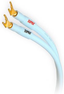 Cavi audio Supra Sword azzurro chiaro 2x3m, connettori a banana dorati, disposti curvi su sfondo bianco