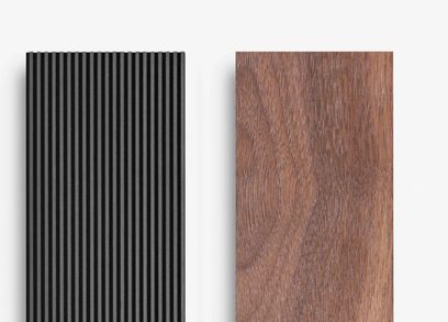 Cambridge Audio Evo 300, set ovenfra med sort rillet panel og valnøddetræslook på hvid baggrund
