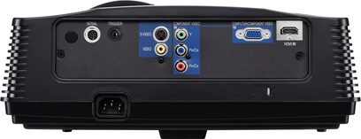 Mitsubishi HC4000 sort videoprojektor, bagudgangssyn, video- og audioforbindelser, HDMI-, VGA- og komponentporte