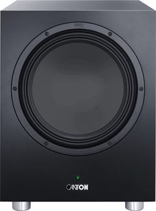 Sort Canton Power Sub 12 S2 subwoofer, set forfra, med centralt, rundt højttalerelement og sølvfarvede fødder