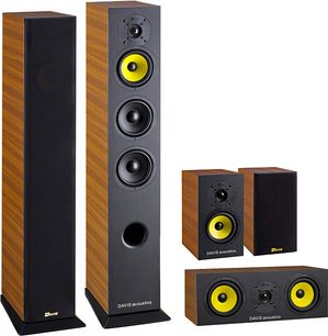 Sada sloupových reproduktorů Davis Acoustics Vinci 3D ořech, složená ze 2 sloupů, 1 centrálního reproduktoru a 2 regálových reproduktorů, povrchová úprava ořech