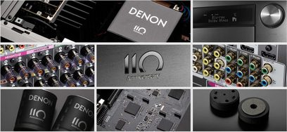 Denon AVC-A110 hjemmebiograf-forstærker set forfra og detaljer, børstet sort frontpanel, LCD-skærm, knapper og tilslutninger