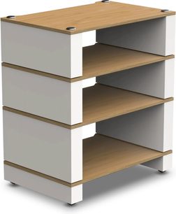 Hi-Fi-möbel Monitor Audio Blok Stax 2G, vinklad vy, 3 hyllor i ljust trä, vita sidor, svarta ben, slät yta