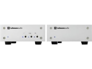 Lehmann Audio Decade silver phono preamp, front view, two units side by side, faceplates with knobs and jacks