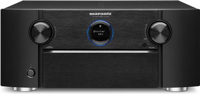 Marantz AV7704 sort forstærker til hjemmebio, sort farve, frontpanel med blå LCD-skærm, knapper og kontrolknapper, 2 hovedtelefonstik
