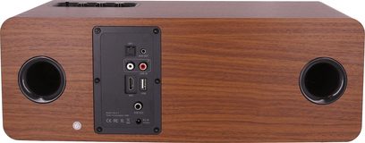 Cassa wireless Enova HIFI VELA V, vista posteriore, finitura in legno, 2 eventi circolari, pannello di connessione centrale