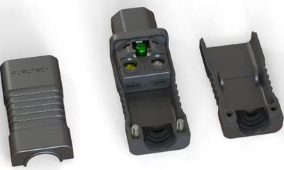Napájecí adaptér Furutech FI-C15 NCF (R) v šedém plastu, pohled shora, tři otevřené díly, šroubové svorky