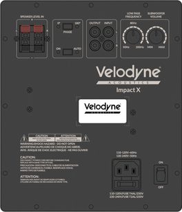Velodyne Impact X subwoofer med volumen-, frekvens- og fasekontroller på bagpanelet i sort og grå