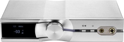 Stříbrný audio převodník DAC iFi Audio IDSD NEO Performance Edition, pohled zepředu, viditelné tlačítka a konektory