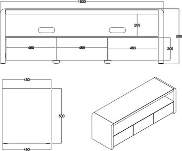 De Conti Mezza XL sort og hvid audio-/videomøbel, set forfra og fra siden, med 3 rum og 4 ben, i teknisk tegning med målestoksangivelse