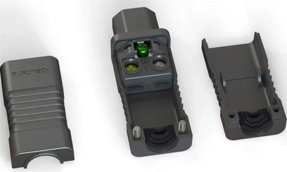Furutech FI-C15 (G) strømadapter i grå plast, set ovenfra, tredelt kabinet med skrueklemmer