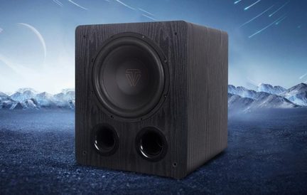 Sort hjemmebio-subwoofer, kabinet i træ, frontvendt rundt højttaler og dobbelt bass-refleks-port