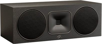 Centrální reproduktor MartinLogan Foundation C1 v matné černé barvě, pohled zepředu, se dvěma kulatými reproduktory a centrálním čtvercovým výškovým reproduktorem