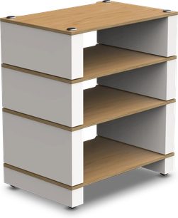 Hi-Fi Meubel Monitor Audio Blok Stax 2G, hoekaanzicht, 3 planken licht hout, witte zijkanten, zwarte poten, glad oppervlak