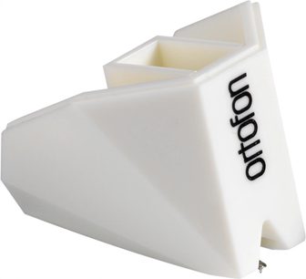 Diamante per testina giradischi Ortofon STYLUS 2M MONO, vista in prospettiva, corpo bianco, iscrizione nera, puntina visibile