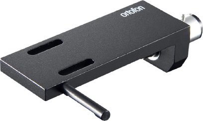 Porta testina Ortofon LH-2000, vista in prospettiva, finitura nera, 2 fessure rettangolari, stelo cilindrico, connettore argentato