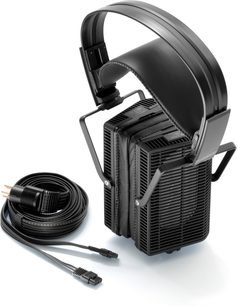 Ανοιχτά ακουστικά hi-fi STAX Lambda SR-L700MK2 μαύρου χρώματος, τρισδιάστατη όψη από αριστερά, με καλώδιο και σύνδεσμο