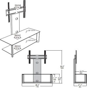 TV-møbel med drejelig TV-holder, 2 glashylder, detaljerede mål i cm, set forfra og fra siden