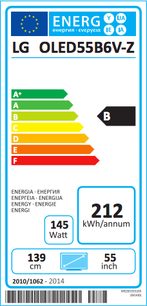 Europæisk energimærke for en LG OLED55B6V-Z TV, klasse B, årligt energiforbrug 212 kWh, 55 tommer skærm